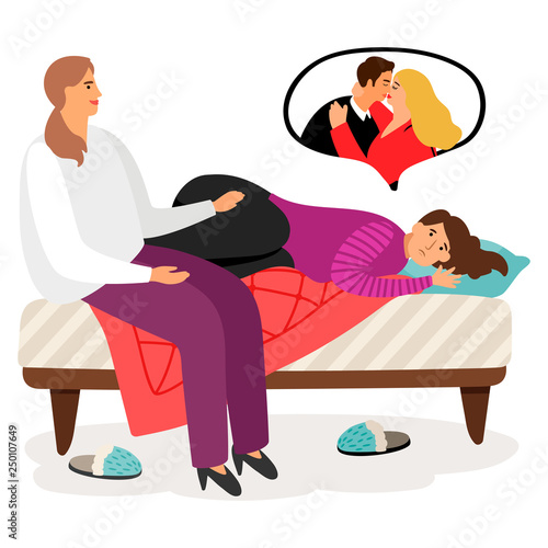 Young girl is going through betrayal of guy. Girl calms her friend. Treason and friendship vector concept. Illustration of girlfriend love guy, boy jealousy