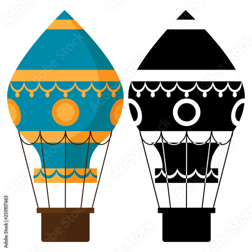 Black and white, colorful earostats. Hot air balloons vector illustration. Air balloon, hot airship with basket