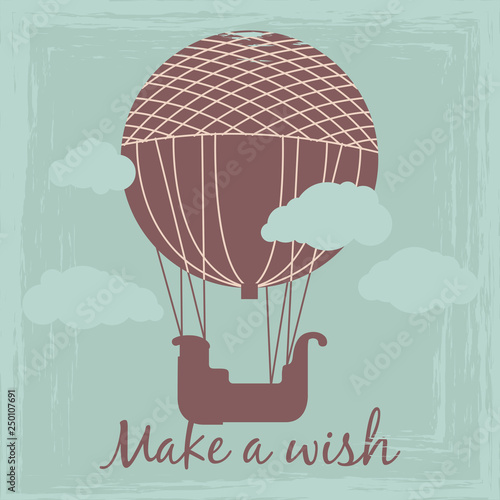 Make a wish vintage card vector template with hot air balloon silhouette. Illustration of air balloon poster, transport travel aerostat