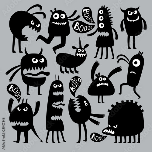 Abstract kids fear monster character. Black silhouette funny and fear, fun halloween spooky. Vector illustration