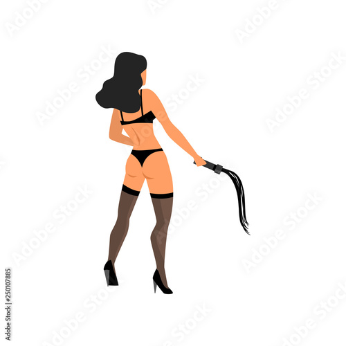 Seductive woman stands with her back wearing corset, stockings, panties, high-heeled shoes with whip in right hand