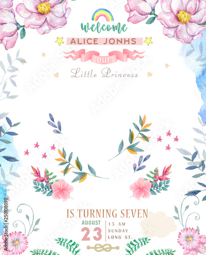 Wedding invitation or card with pink floral background. Greeting postcard. Elegance pattern with flower illustration for birthday © Anna Terleeva