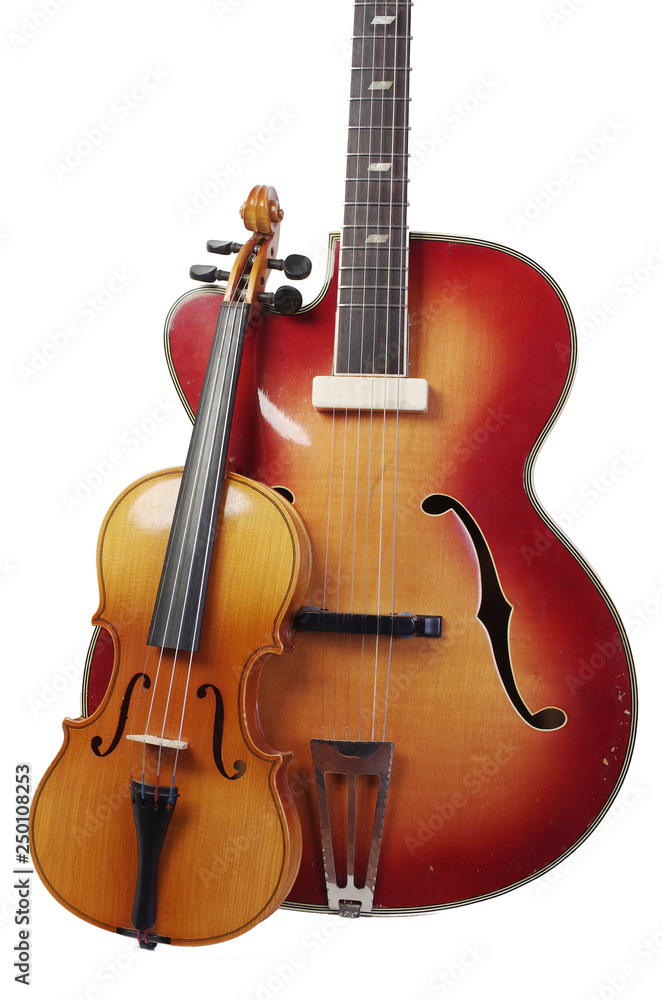 Violin and acoustic guitar on a white background Violin and acoustic guitar on a white background