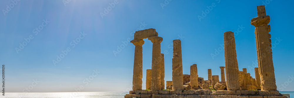 Ancient doric architecture of Acropolis Temple of Juno. Valley of the Temples in Agrigento on Sicily, Italy.