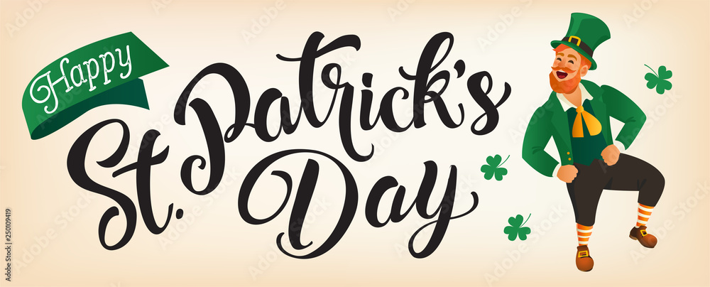 Happy St Patricks Day lettering with Leprechaun jumping or dancing.