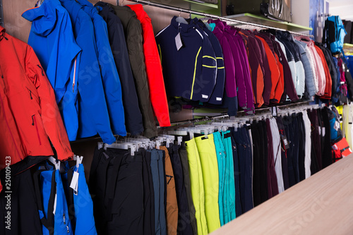 Winter sport clothing in shop