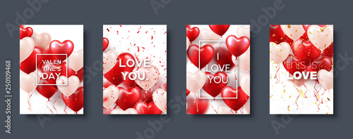 Valentines day abstract card template, banner with red heart balloons. Romantic wedding love background. Vector set.