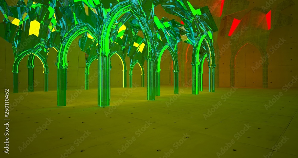 Obraz premium Abstract Concrete Futuristic Sci-Fi Gothic interior With Green And Red Glowing Neon Tubes . 3D illustration and rendering.