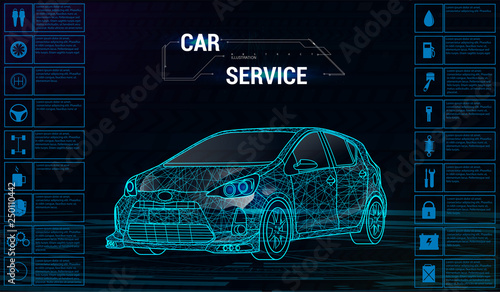 Car auto service infographics design. 3D polygonal car. Vector illustration, futuristic style. Auto poster concept