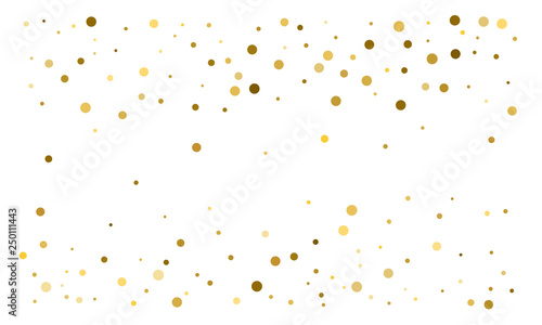 Golden confetti on white background. Luxury festive background. Gold shiny abstract texture. Element of design. Polka dots abstract vector illustration