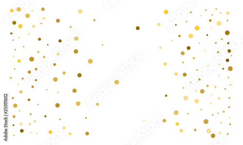 Golden confetti on white background. Luxury festive background. Gold shiny abstract texture. Element of design. Polka dots abstract vector illustration