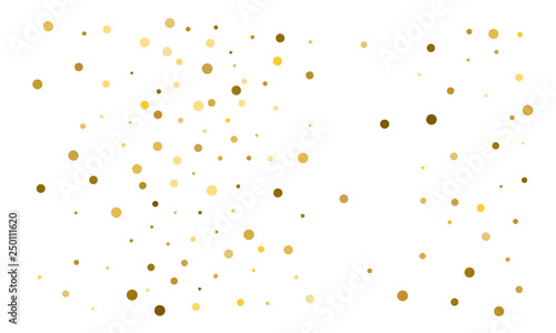 Golden confetti on white background. Luxury festive background. Gold shiny abstract texture. Element of design. Polka dots abstract vector illustration