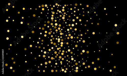 Golden confetti on black background. Luxury festive background. Gold shiny abstract texture. Element of design. Polka dots abstract vector illustration
