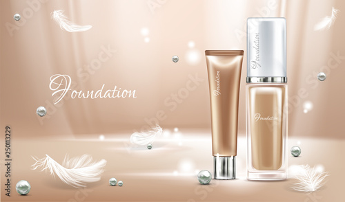 Vector 3d realistic poster with concealer, beige cosmetics product in glass package and feathers. Light on foundation with pearls for women. Mock up, template of cosmetic isolated on background.