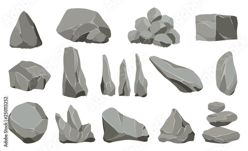 Rock stones. Graphite stone, coal and rocks pile for wall or mountain pebble. Gravel pebbles, gray stone heap cartoon isolated vector icons illustration set.