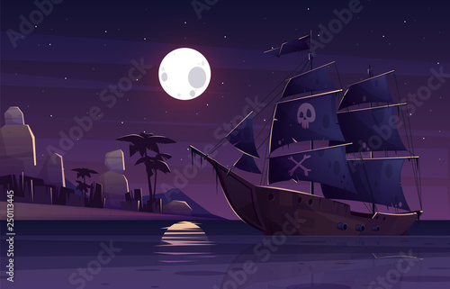 Pirate ship or galleon with human skull and crossed bones on black sails, sailing near tropical seacoast at night cartoon vector illustration. Treasures hiding and hunting, copyright law break concept