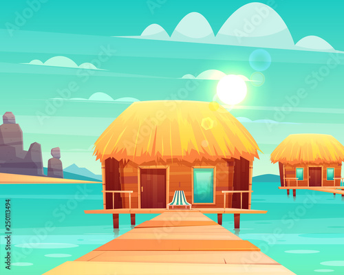 Comfortable wooden bungalows with thatched roof on pier at sunny tropical seacoast cartoon vector illustration. Luxury resort beach houses, exotic hotel rooms illustration. Summer vacation background