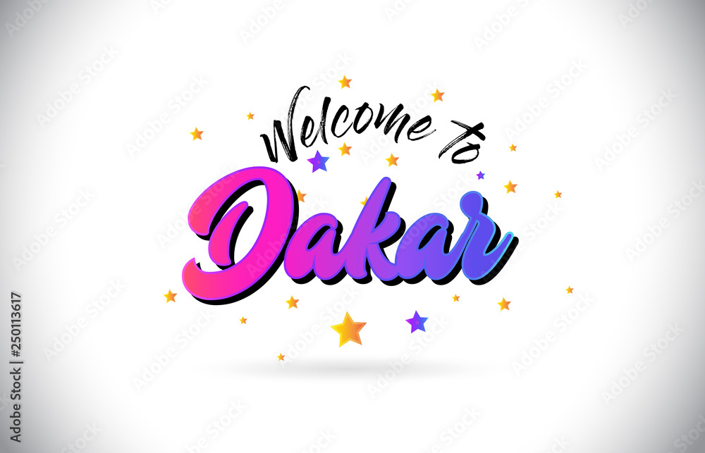 Dakar Welcome To Word Text with Purple Pink Handwritten Font and Yellow Stars Shape Design Vector. Dakar Welcome To Word Text with Purple Pink Handwritten Font and Yellow Stars Shape Design Vector.