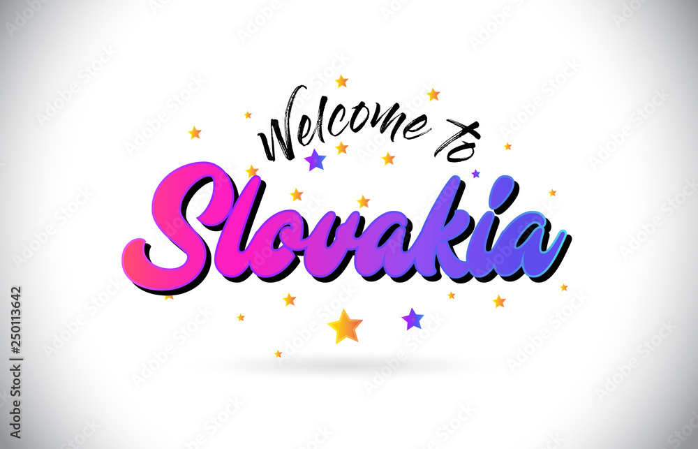 Slovakia Welcome To Word Text with Purple Pink Handwritten Font and Yellow Stars Shape Design Vector. Slovakia Welcome To Word Text with Purple Pink Handwritten Font and Yellow Stars Shape Design Vector.