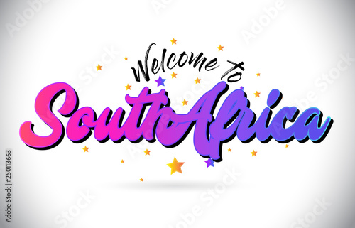 SouthAfrica Welcome To Word Text with Purple Pink Handwritten Font and Yellow Stars Shape Design Vector.