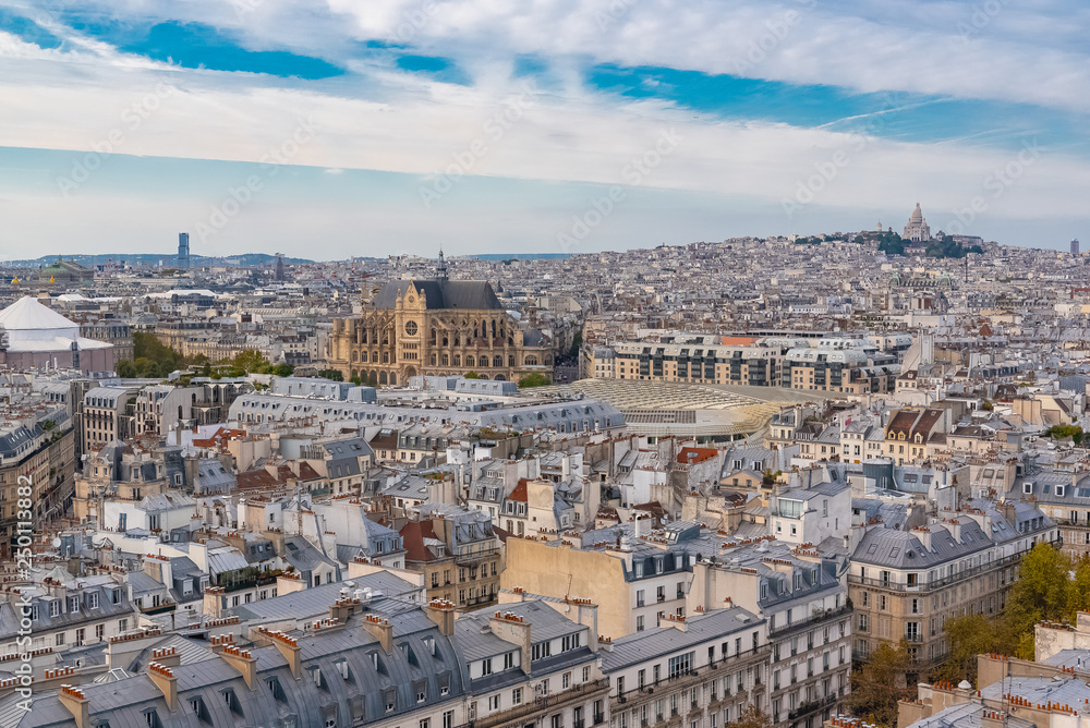Paris, buildings and roofs, skyline, with the Sainte-Eustache church and the Sacre-Coeur in background