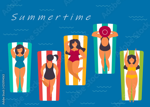 Summertime. Woman in swimsuit, view from above. Vector.
