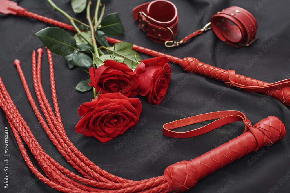 Playing BDSM games. Top view of bdsm leather kit (handcuffs, whip) and roses against of black