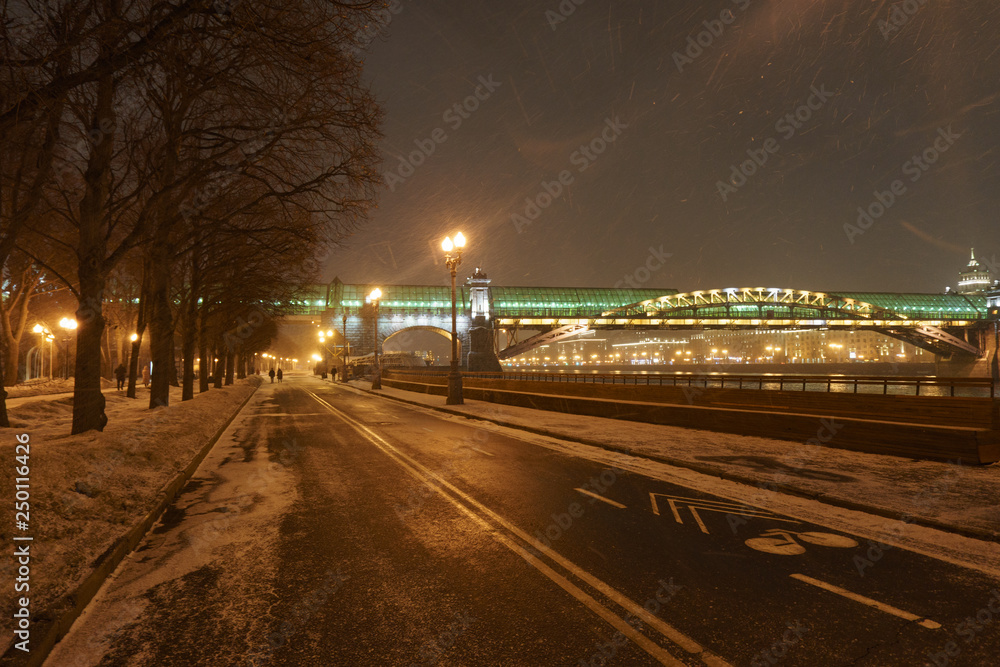 Park Gorkogo in Moscow (Gorky park) at night winter time. Andreevsky pedestrian bridge image.