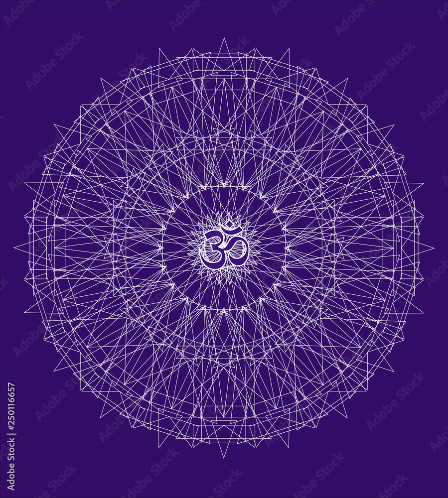 Openwork white mandala with a sign of Aum / Om / Ohm on a dark blue background. A graceful geometric pattern. Vector graphics.