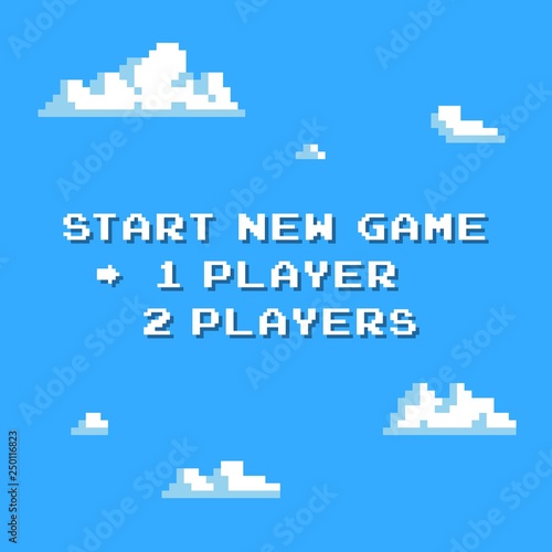 Pixel art start new game background with clouds 8-bit - isolated vector illustration