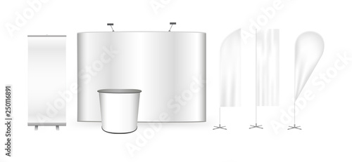 Vector exhibition promo set. Flat pop up trade show stand display, portable promotion retail trade table or counter, roll up banner and feather advertising promo beach bow flags isolated on white.