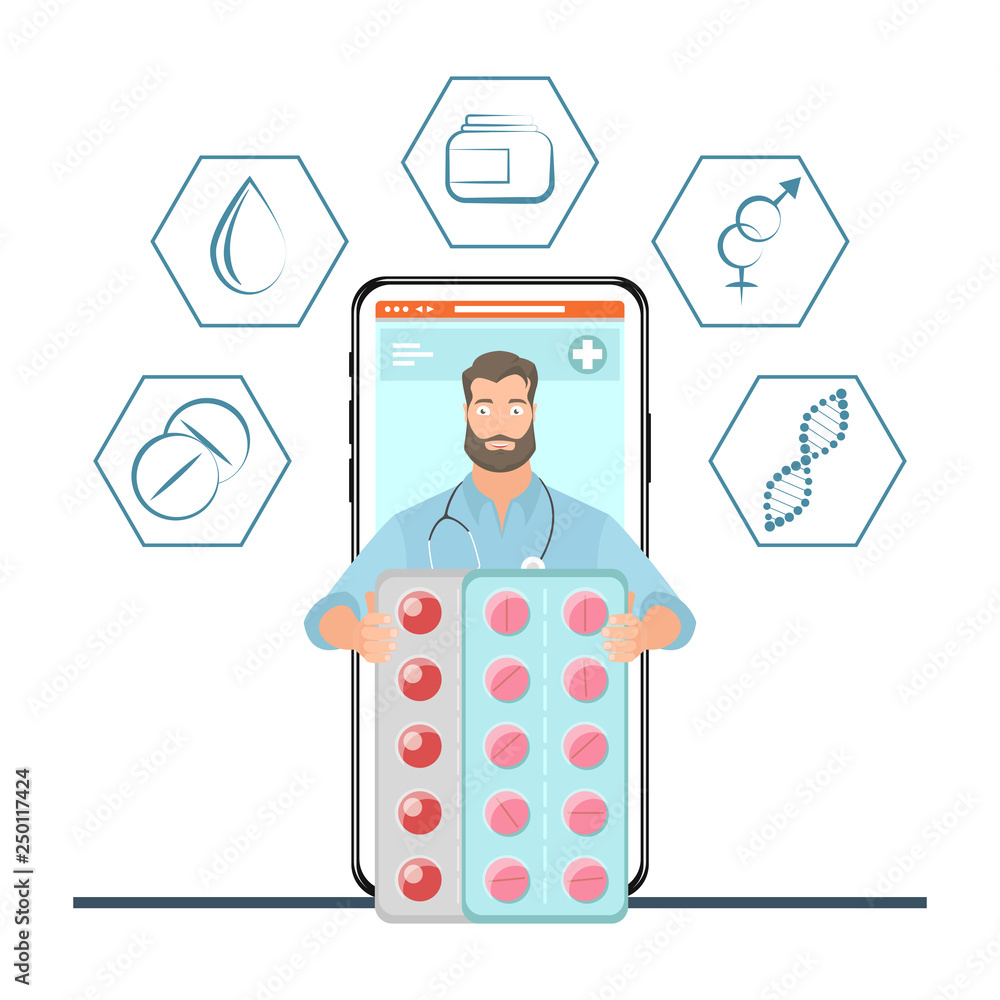 Online doctor concept with medical icons set. Online medical service, consultation and support, medical assistance by internet. Vector illustration. Online doctor concept with medical icons set. Online medical service, consultation and support, medical assistance by internet. Vector illustration.