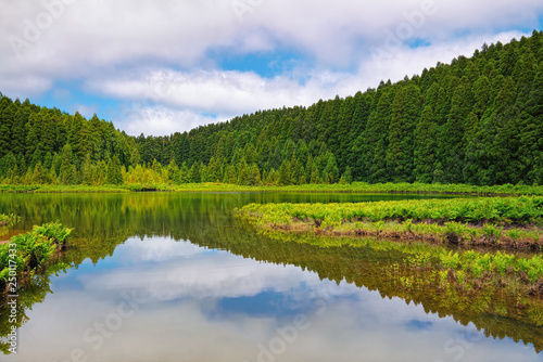 Fototapeta Naklejka Na Ścianę i Meble -  Small lake called Lagoa do Canario in Portuguese, surrounded by green forest, located on Sao Miguel island of Azores, Portugal.