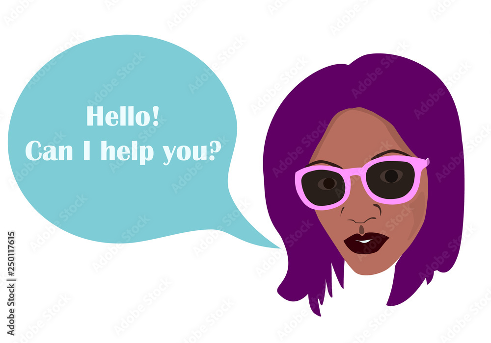 black african woman's face and comics balloon text Hello, can I help you? illustration representing female staff, vendor, consultant at the store, manager, virtual assistant. template for any text black african woman's face and comics balloon text Hello, can I help you? illustration representing female staff, vendor, consultant at the store, manager, virtual assistant. template for any text