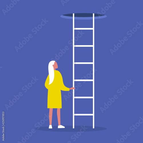 Young female character holding a ladder. Going up. Successful career. Opportunities. Conceptual vector illustration, clip art