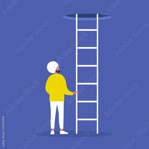 Young indian character holding a ladder. Going up. Successful career. Opportunities. Conceptual vector illustration, clip art