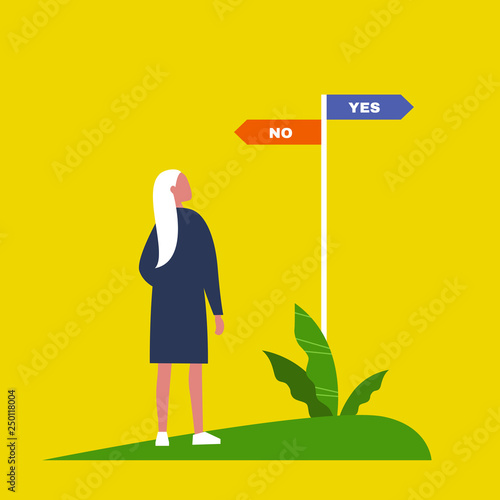 Young female character making a decision. Navigating signpost showing the opposite directions. Yes No alternatives. Flat editable vector illustration, clip art