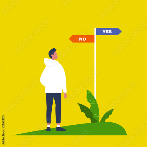 Young male character making a decision. Navigating signpost showing the opposite directions. Yes No alternatives. Flat editable vector illustration, clip art