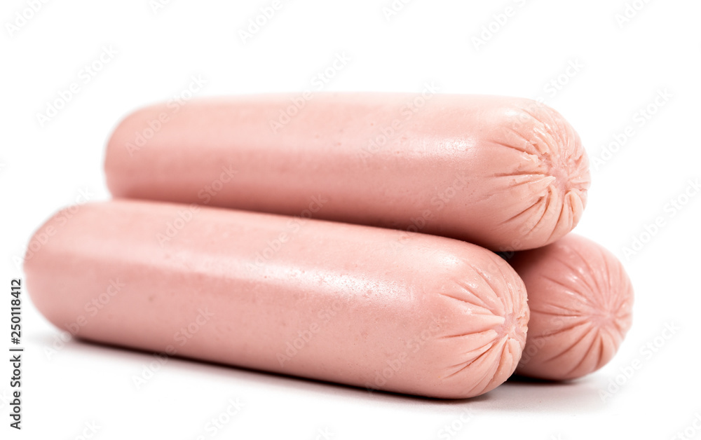 Three raw sausages in polyethylene shell isolated on white background. Three raw sausages in polyethylene shell isolated on white background.