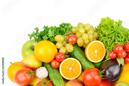 Fruits and vegetables isolated on white background. Flat lay, top view. Free space for text. © alinamd