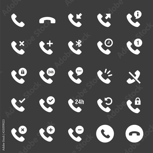 Vector phone and communication icons set. Simple flat. White on black