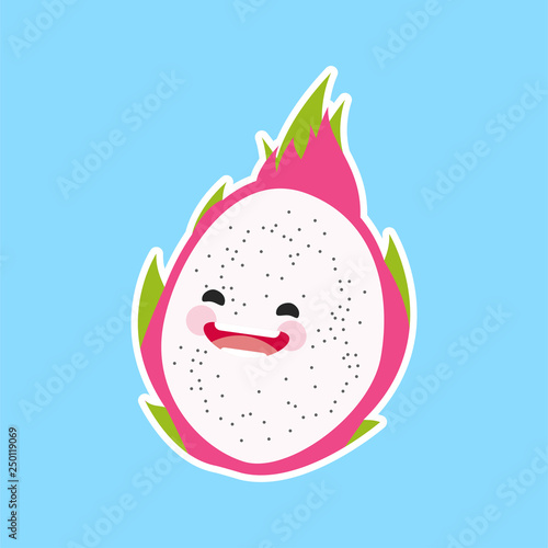 pitahaya (dragonfruit) with cute face. Illustration funny and healthy food cartoon. Blue background
