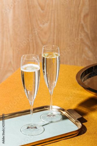 Flutes filled with sparkling Prosecco, in pop contemporary style. Prosecco is an italian white sparkling wine cultivated and produced in Valdobbiadene-Conegliano area.