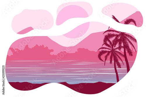 Tropical landscape. Palm, sand, ocean on background. Vector illustration