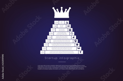  Ladder to success. Concept  illustration or background. Startup infographic. Vector monochrome template 9 positions for text area, possible to use for workflow, banner, diagram, web design