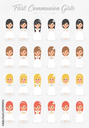 Set of First Communion Girls with different hairs and dresses. Isolated Vector