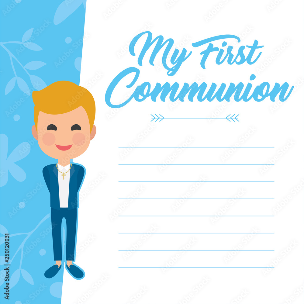 My first communion invitation with message on blue background. Vector My first communion invitation with message on blue background. Vector