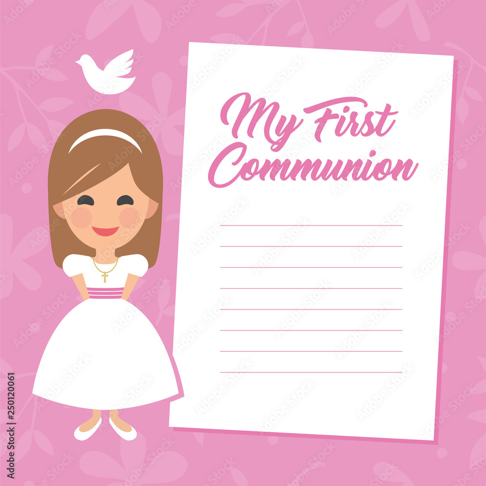 My first communion invitation with message on pink background. Vector My first communion invitation with message on pink background. Vector
