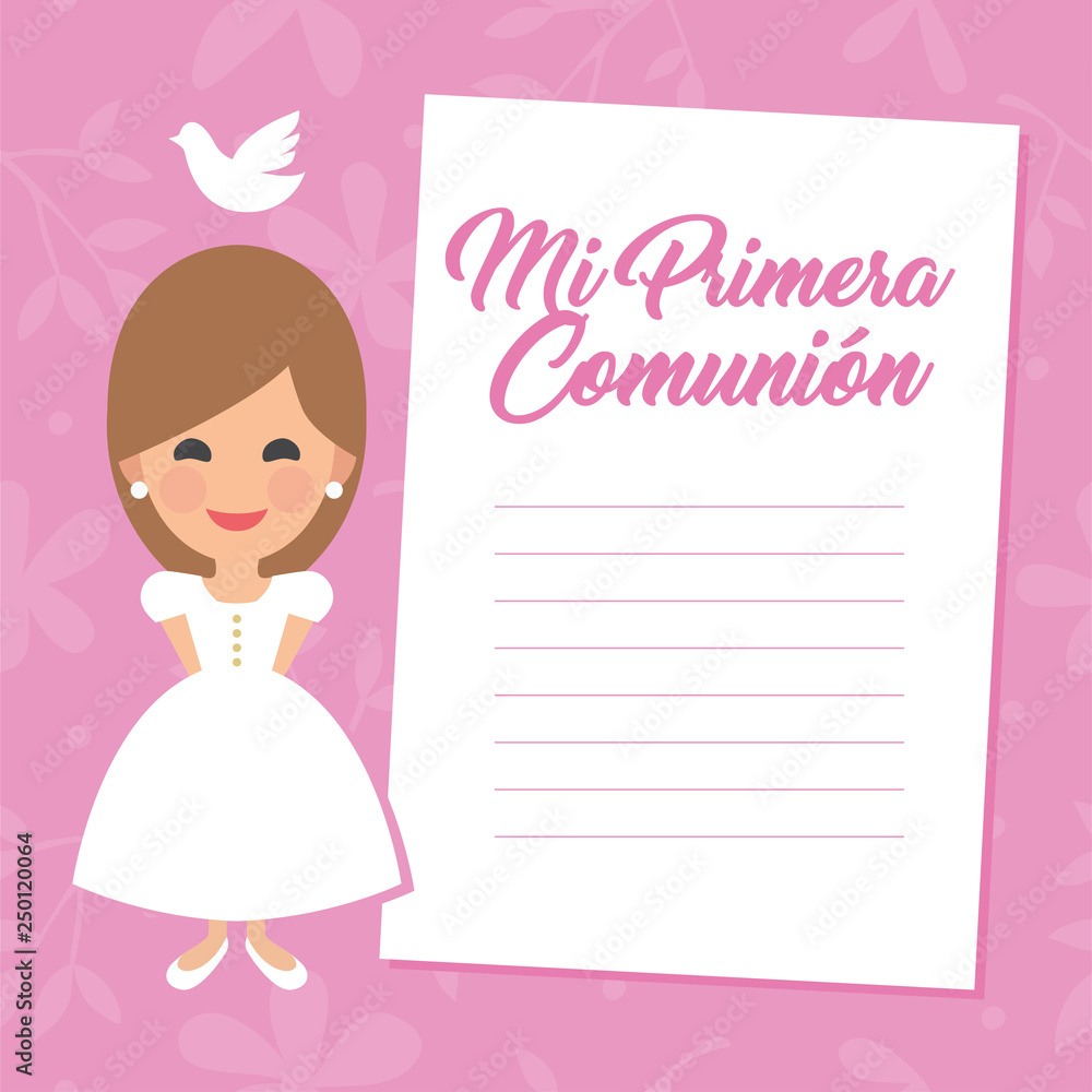 My first communion invitation with message on pink background. Vector My first communion invitation with message on pink background. Vector