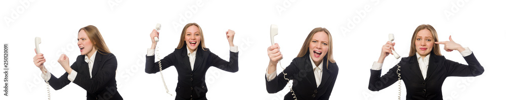 Pretty office employee holding phone isolated on white Pretty office employee holding phone isolated on white